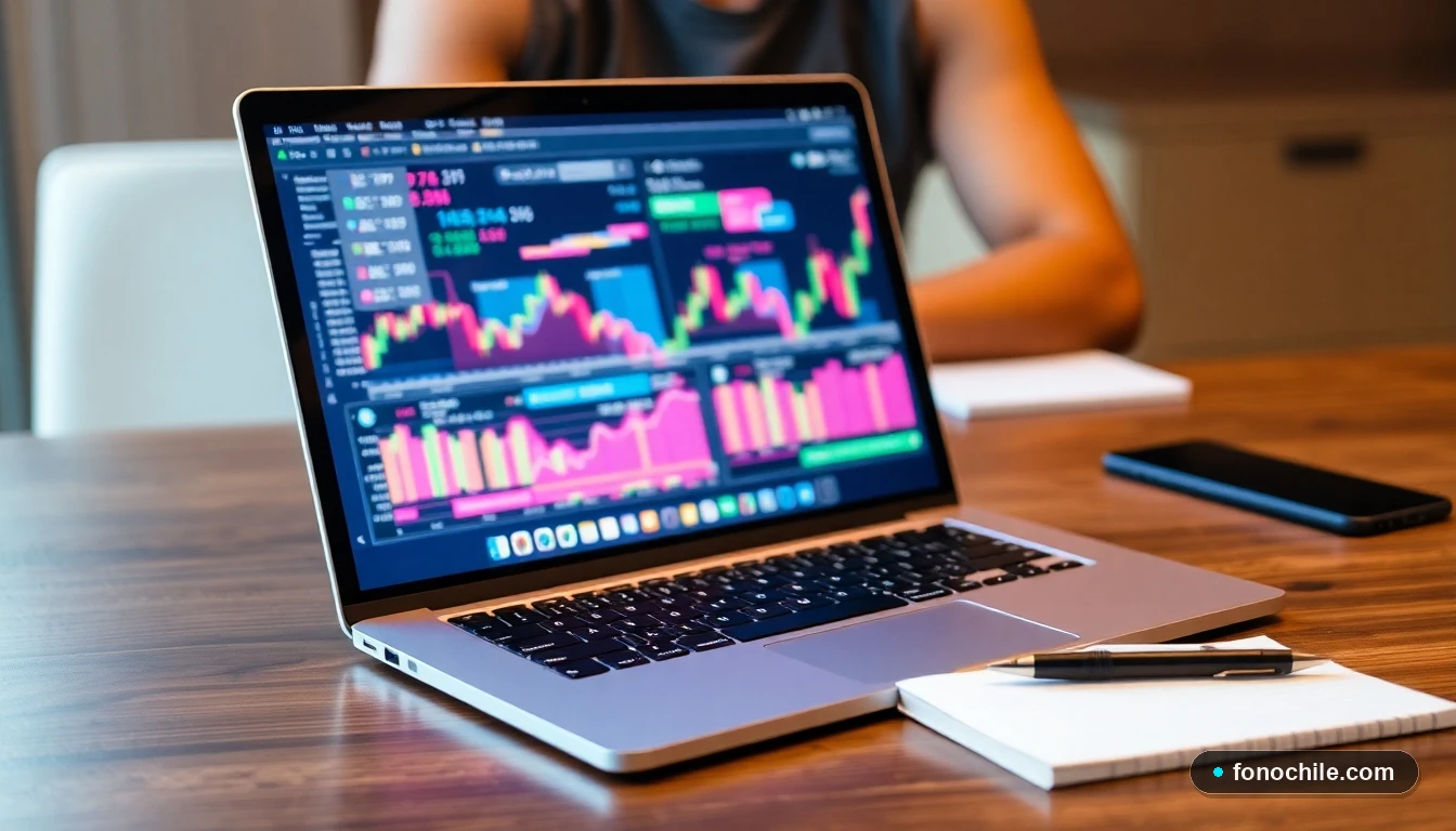 Laptop mostrando gráficos financieros abstractos y coloridos para la planificación de decisiones económicas inteligentes.