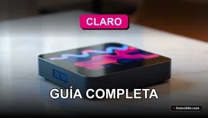 Decodificador Claro TV 2026 sobre una mesa de diseño moderno, mostrando una interfaz de gráficos abstractos en su pantalla.