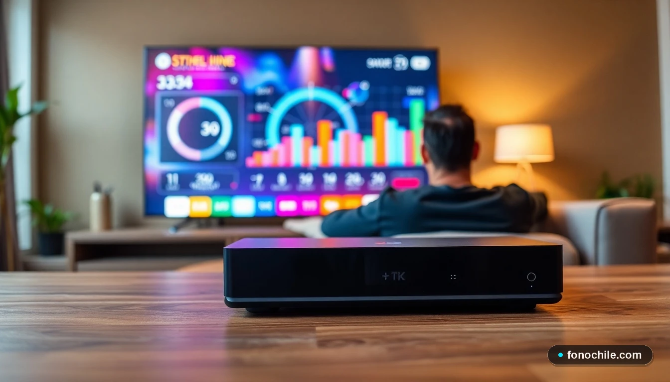 Decodificador moderno de televisión por cable sobre una mesa, mostrando gráficos de señal en la pantalla del televisor.