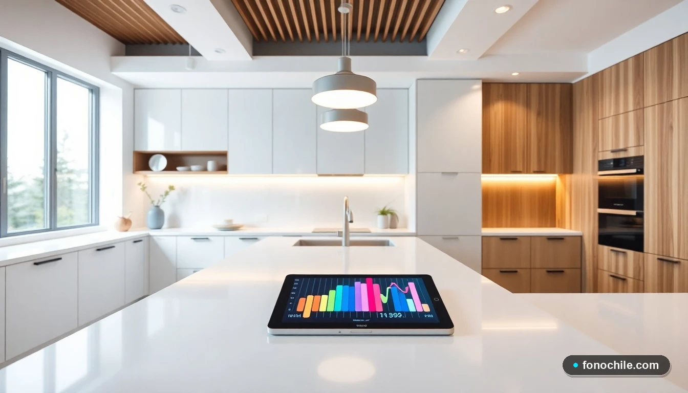 Diseño de cocina moderna minimalista con isla central, iluminación elegante y una tableta mostrando gráficos de tendencias de color.