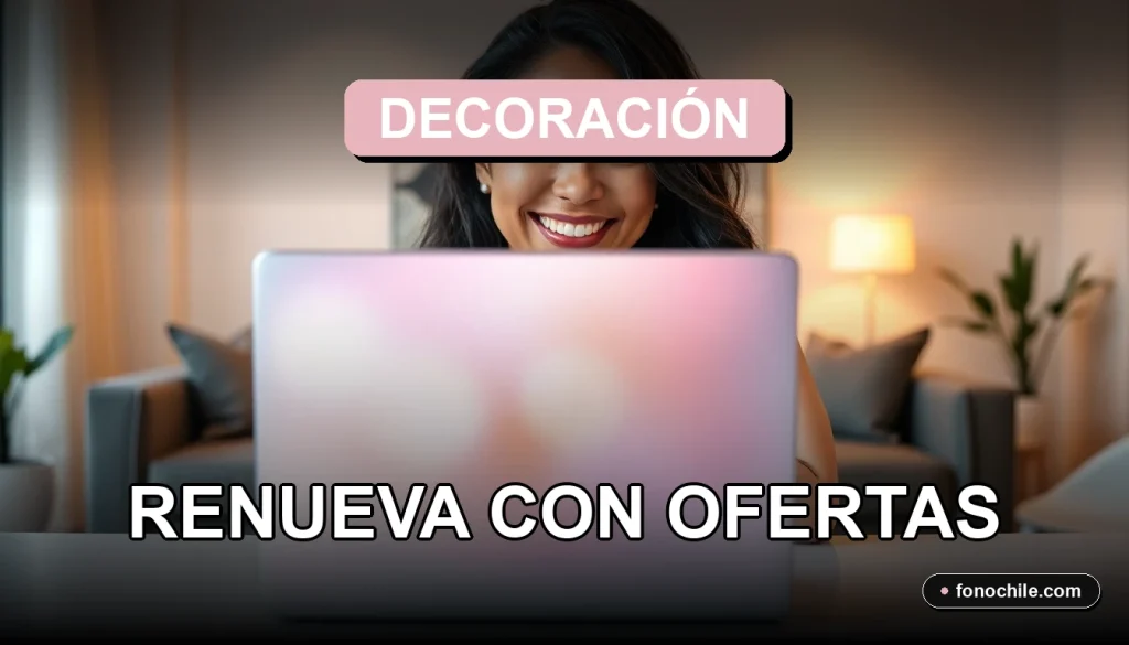 Una mujer sonriente observa una pantalla con ideas de decoración del hogar y ofertas para 2026.