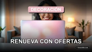 Una mujer sonriente observa una pantalla con ideas de decoración del hogar y ofertas para 2026.