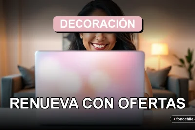 Una mujer sonriente observa una pantalla con ideas de decoración del hogar y ofertas para 2026.