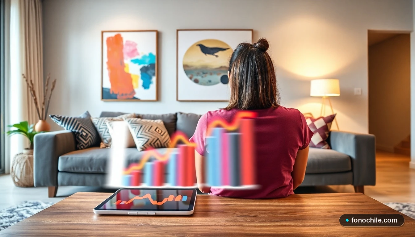 Imagen de un living chileno moderno decorado con textiles y arte abstracto, mostrando ideas de decoración para el hogar.