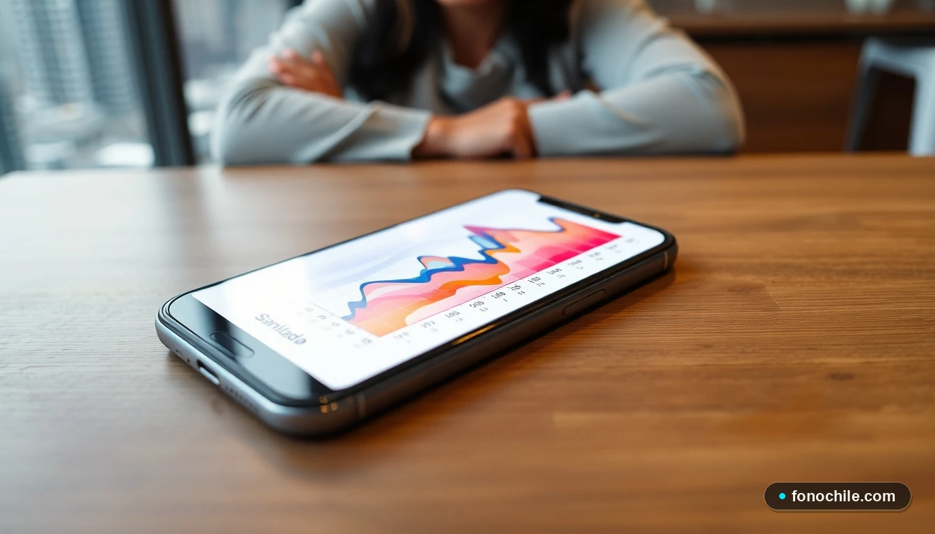 Gráfico abstracto de tiempos de entrega de comida a domicilio en Santiago de Chile mostrado en un smartphone.