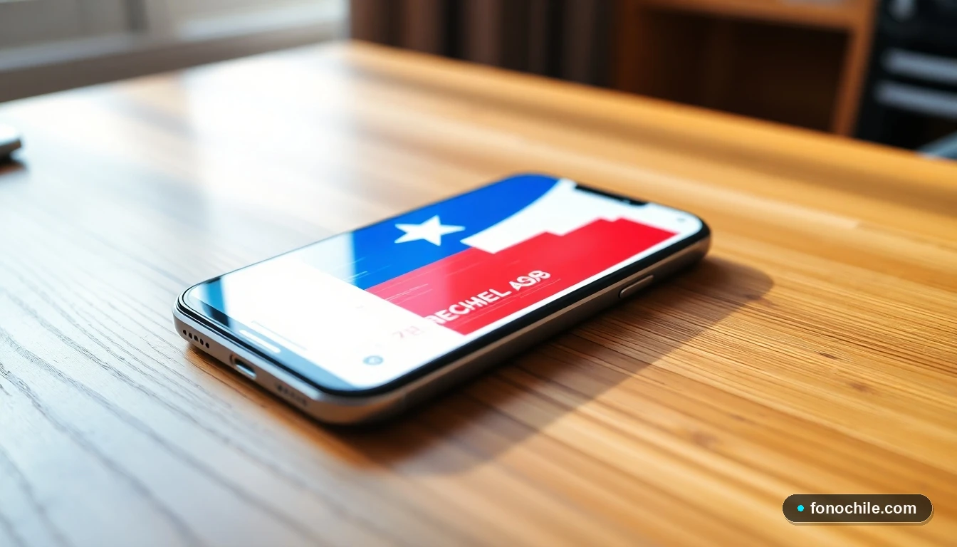 Smartphone mostrando gráficos abstractos de colores con la paleta de la bandera de Chile, sobre un escritorio de madera.