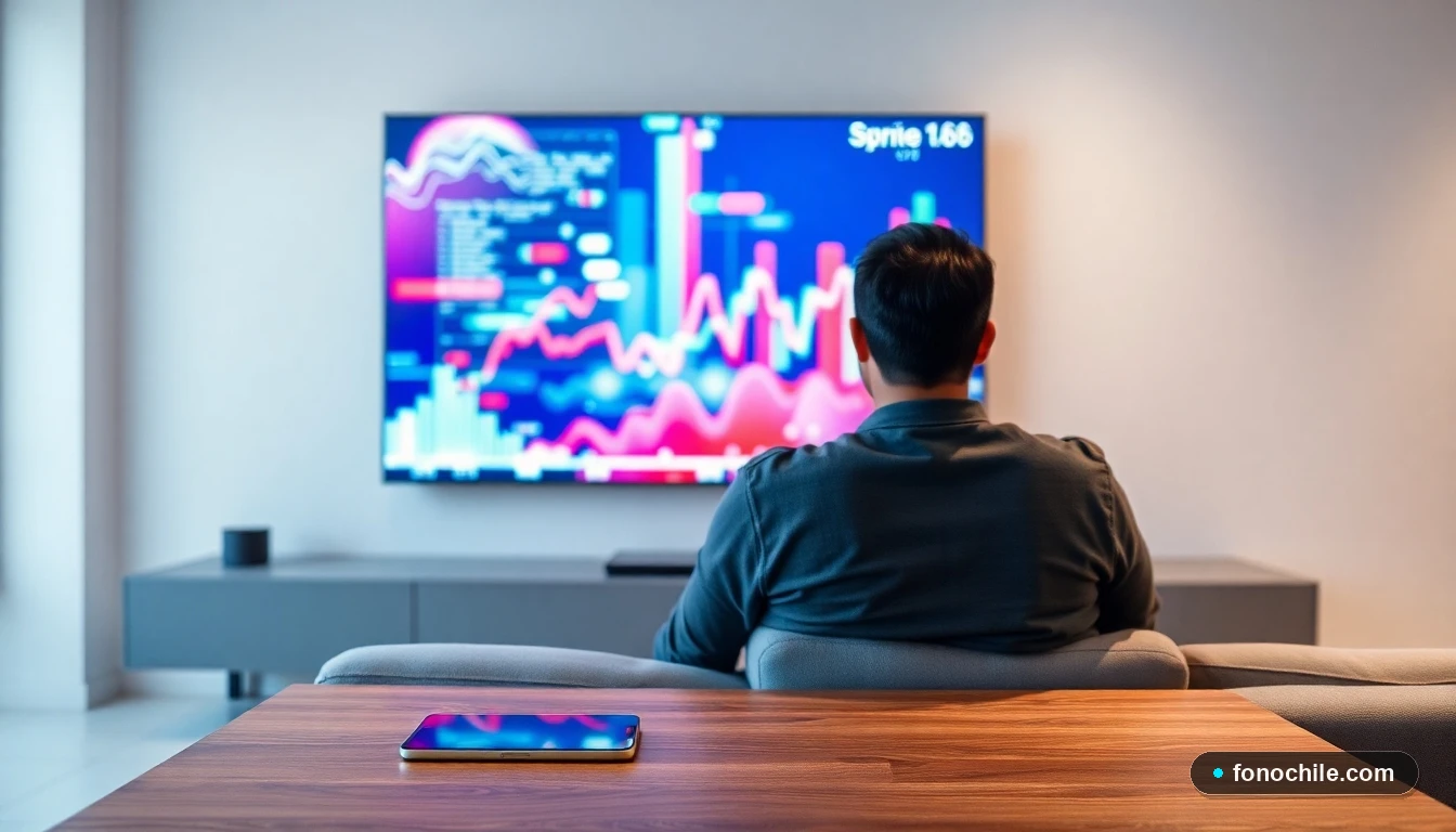 Persona disfrutando de transmisiones deportivas en una pantalla grande con gráficos abstractos de colores en su sala moderna.
