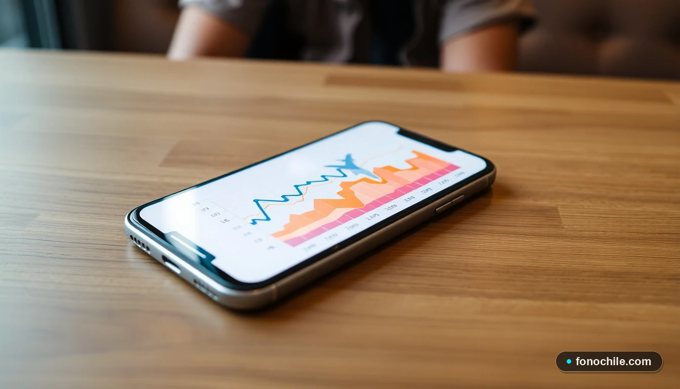 Smartphone mostrando gráficos abstractos de datos sobre vuelos y derechos del pasajero en Chile.