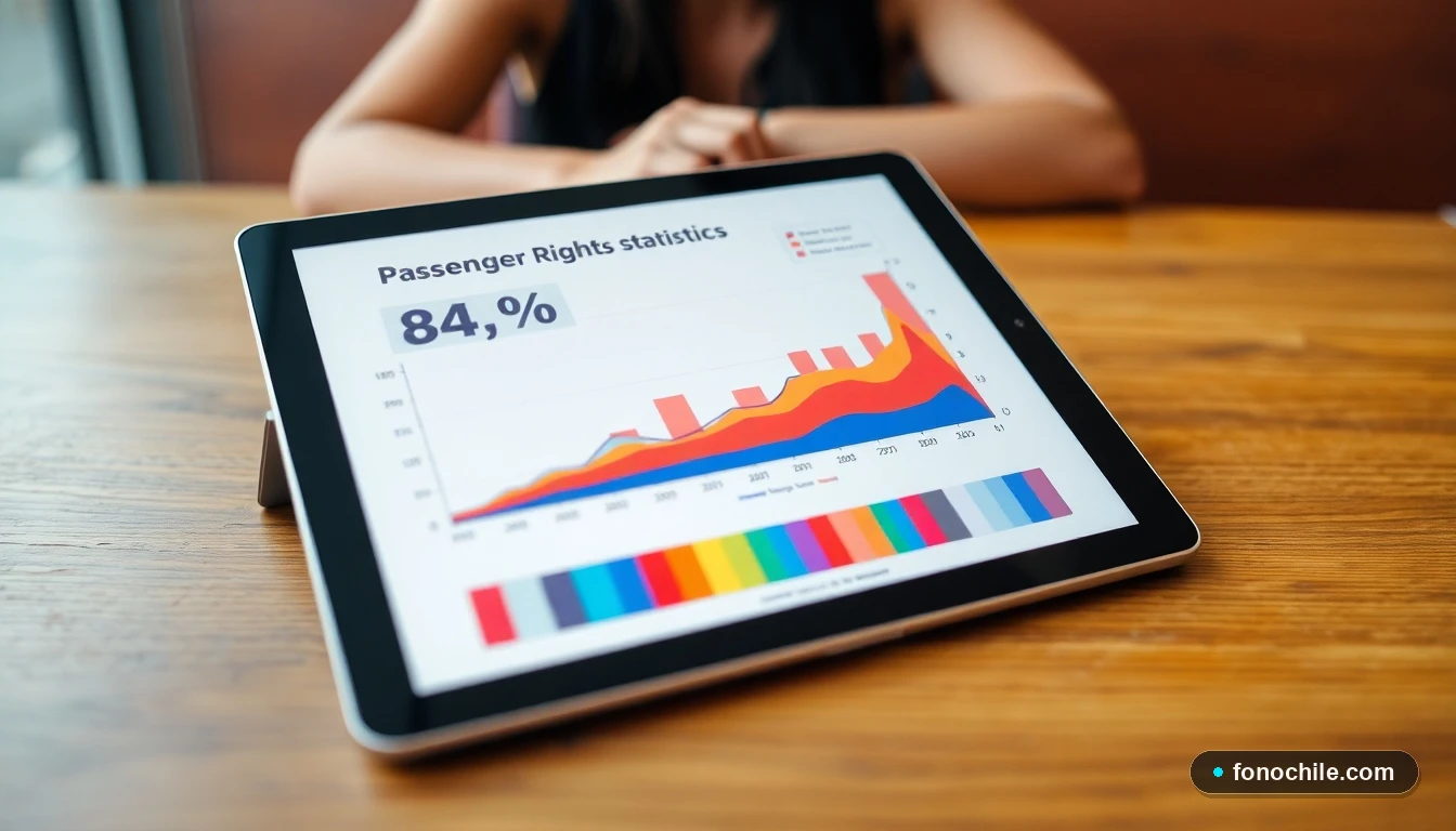 Gráfico abstracto de colores mostrando estadísticas sobre el cumplimiento de derechos de pasajeros de buses en Chile.