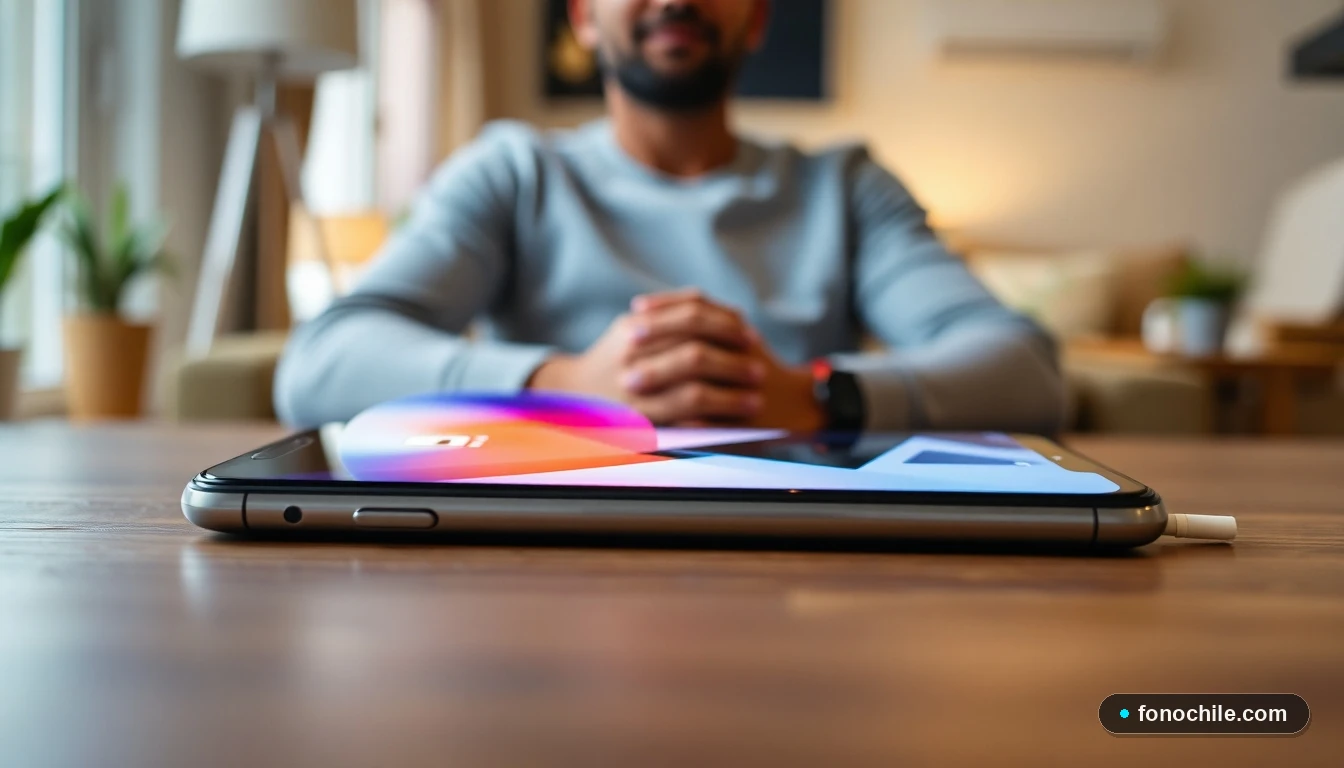 iPhone bloqueado mostrando una pantalla de seguridad abstracta con formas de colores, sobre una mesa de madera.