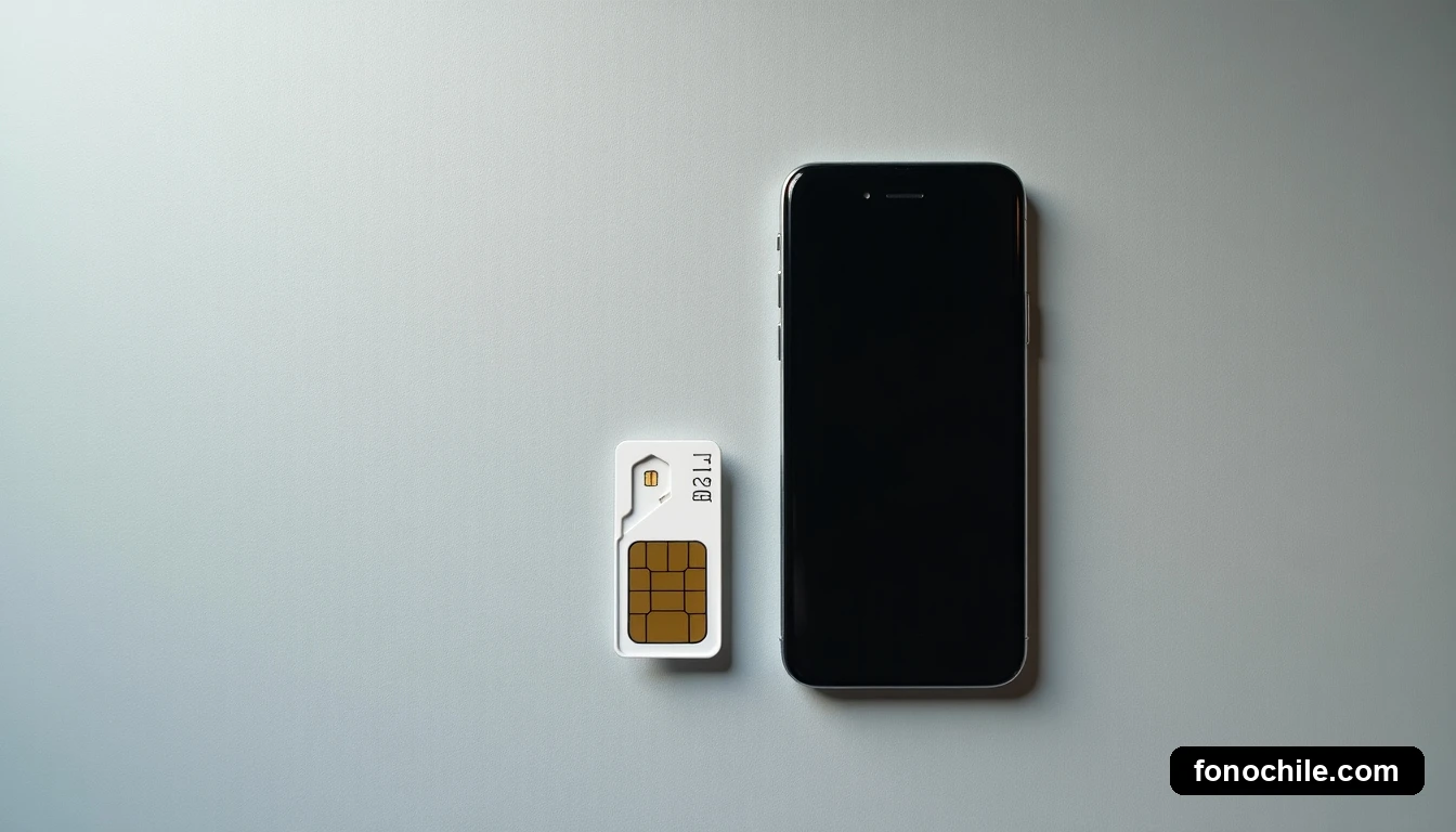 Vista superior de un teléfono inteligente y una bandeja de tarjeta SIM sobre una superficie textil gris clara.