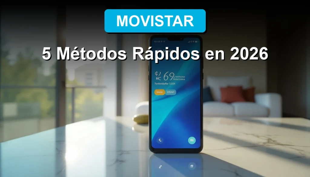 Una mujer joven sonriente mira la pantalla de su smartphone Movistar, donde se muestra su número de teléfono, en un entorno moderno y luminoso.