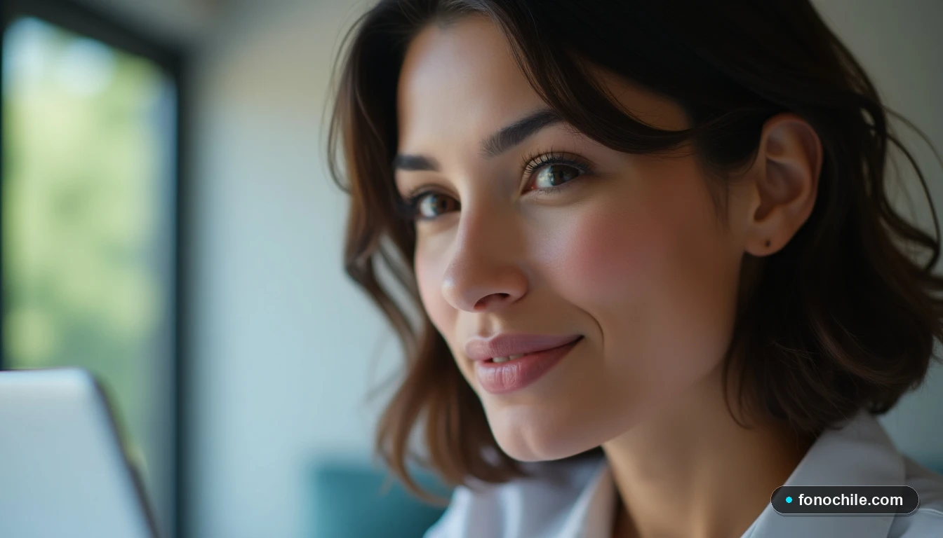 Asesora de Movistar explicando opciones de consulta en un entorno digital moderno