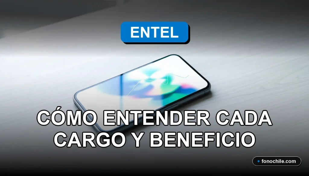 Detalle del Plan Entel 2026 mostrando un teléfono inteligente con gráficos abstractos en su pantalla, sobre una mesa de trabajo moderna.