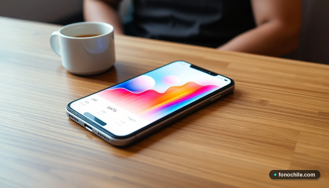 Smartphone mostrando gráficos abstractos de consumo de datos de un plan móvil sobre una mesa de madera.