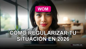 Una mujer revisa su deuda y opciones de pago con WOM en su teléfono, mostrando gráficos abstractos en la pantalla.