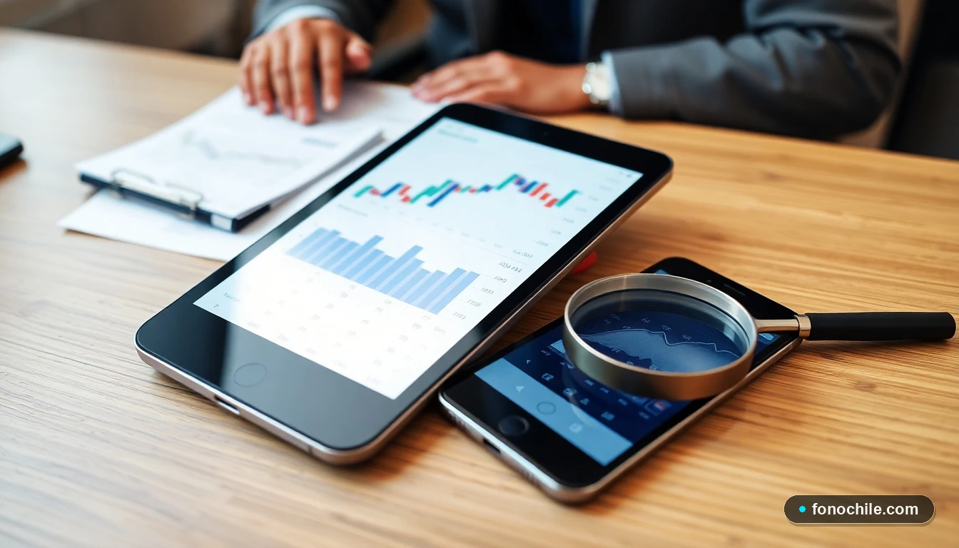 Dispositivos tecnológicos mostrando gráficos abstractos de finanzas y calendario para gestionar deudas de telecomunicaciones en Chile.