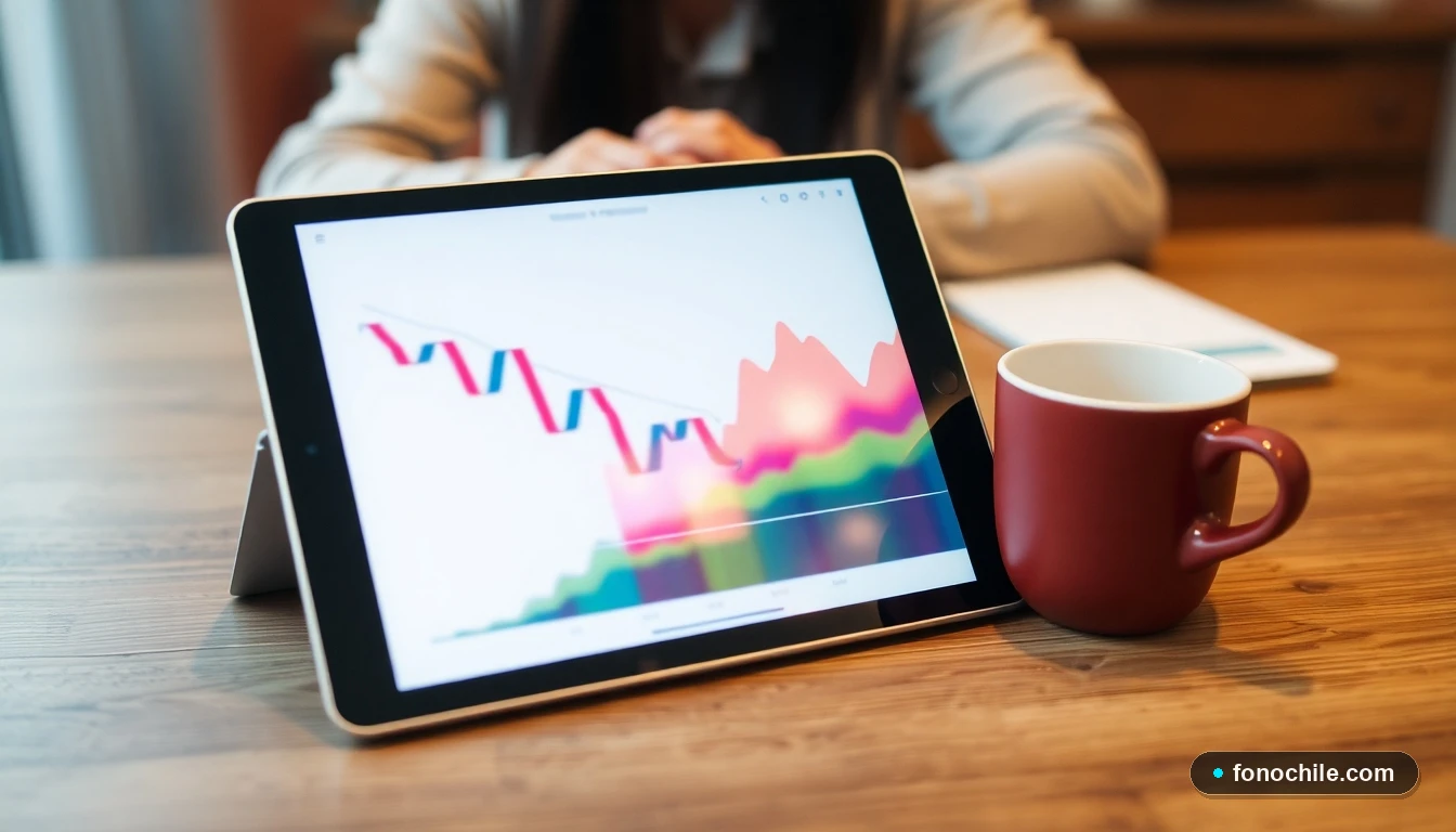 Gráfico abstracto de colores mostrando una tendencia a la baja en una deuda, visualizado en una tablet sobre una mesa de madera.