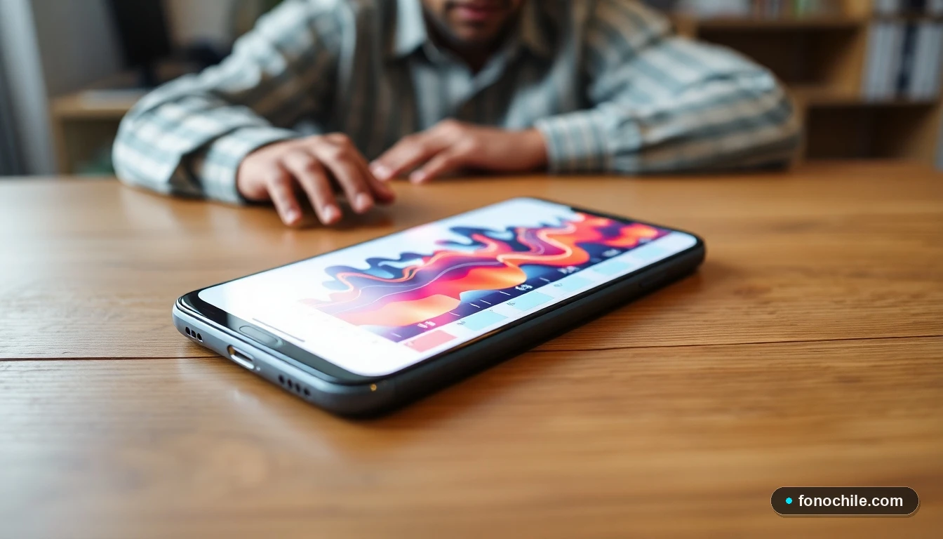 Smartphone mostrando gráficos de datos abstractos sobre una mesa de madera, representando el proceso de devolución de equipos.