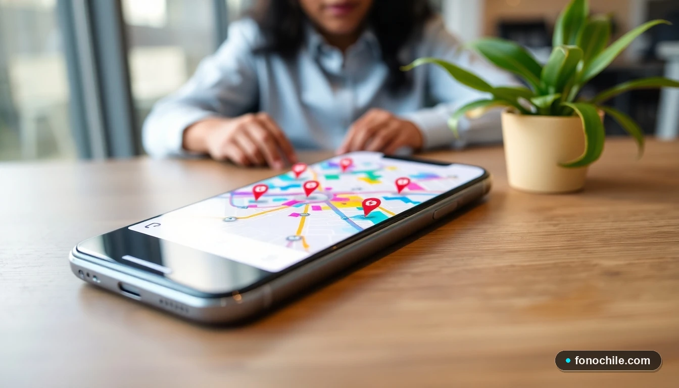 Smartphone mostrando una aplicación de directorio municipal con mapa de Chile y puntos de contacto.