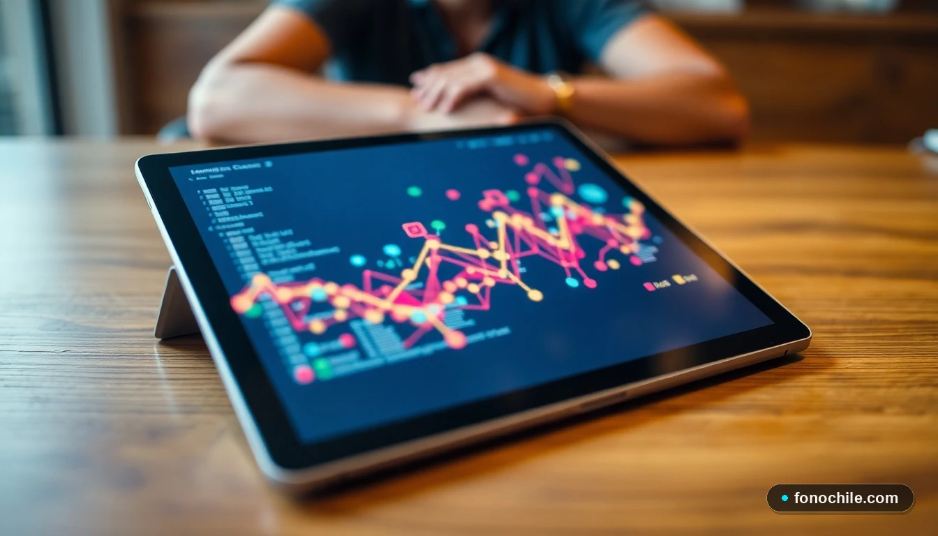 Representación visual de un directorio digital de organizaciones con gráficos de datos abstractos y coloridos.