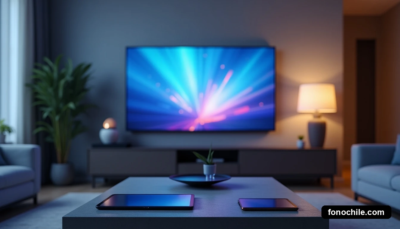 Vista amplia de una sala de estar moderna y minimalista con una gran pantalla de TV mostrando una interfaz genérica difuminada, y dispositivos tecnológicos descansando sobre una mesa de centro.