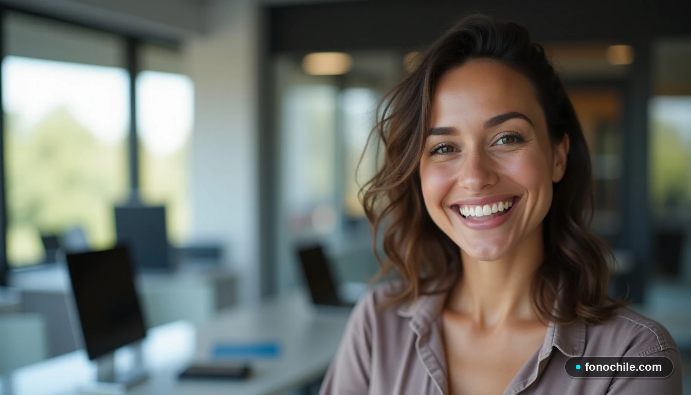 Representante de servicio al cliente de DIRECTV sonriendo en una oficina moderna de La Serena