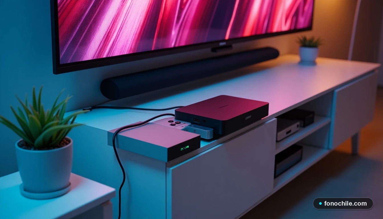 Vista superior de una configuración de entretenimiento hogareño con decodificador DIRECTV y barra de sonido, sobre un mueble moderno, mostrando una pantalla con gráficos de colores abstractos.