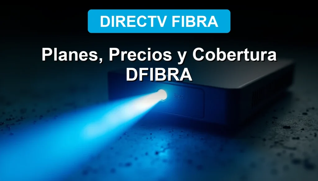 Un modem de fibra optica DIRECTV Fibra sobre una superficie de concreto, con un haz de luz azul dinamico emergiendo de su puerto.