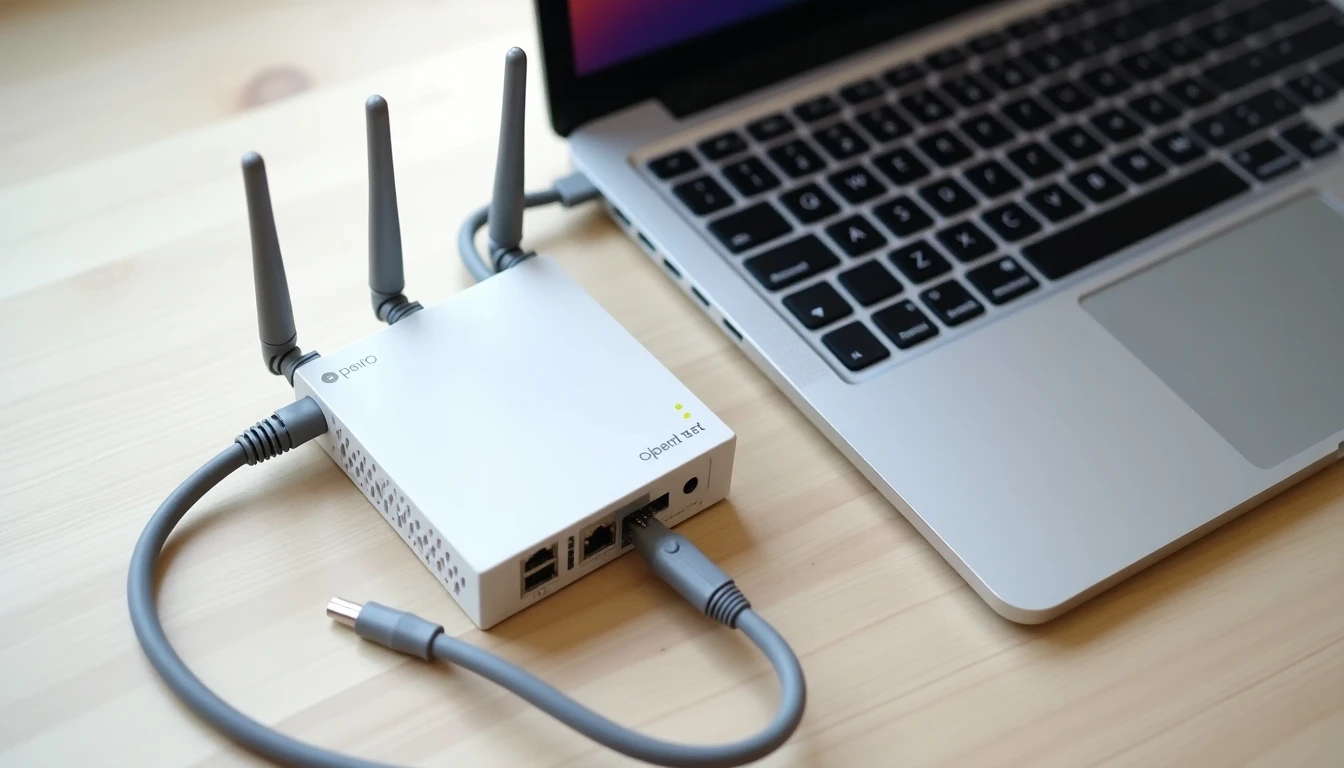 Router de fibra óptica DFIBRA de DIRECTV y laptop mostrando alta velocidad de internet en Chile.