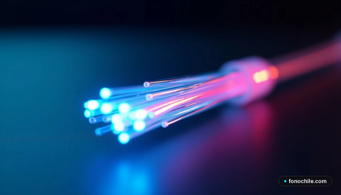 Detalle técnico de la fibra óptica de DIRECTV, mostrando los filamentos de vidrio iluminados con colores brillantes.