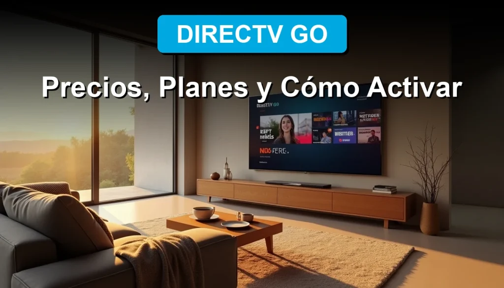 Una familia chilena disfruta de DIRECTV GO en su living moderno, con el logo de la app en la pantalla del televisor.