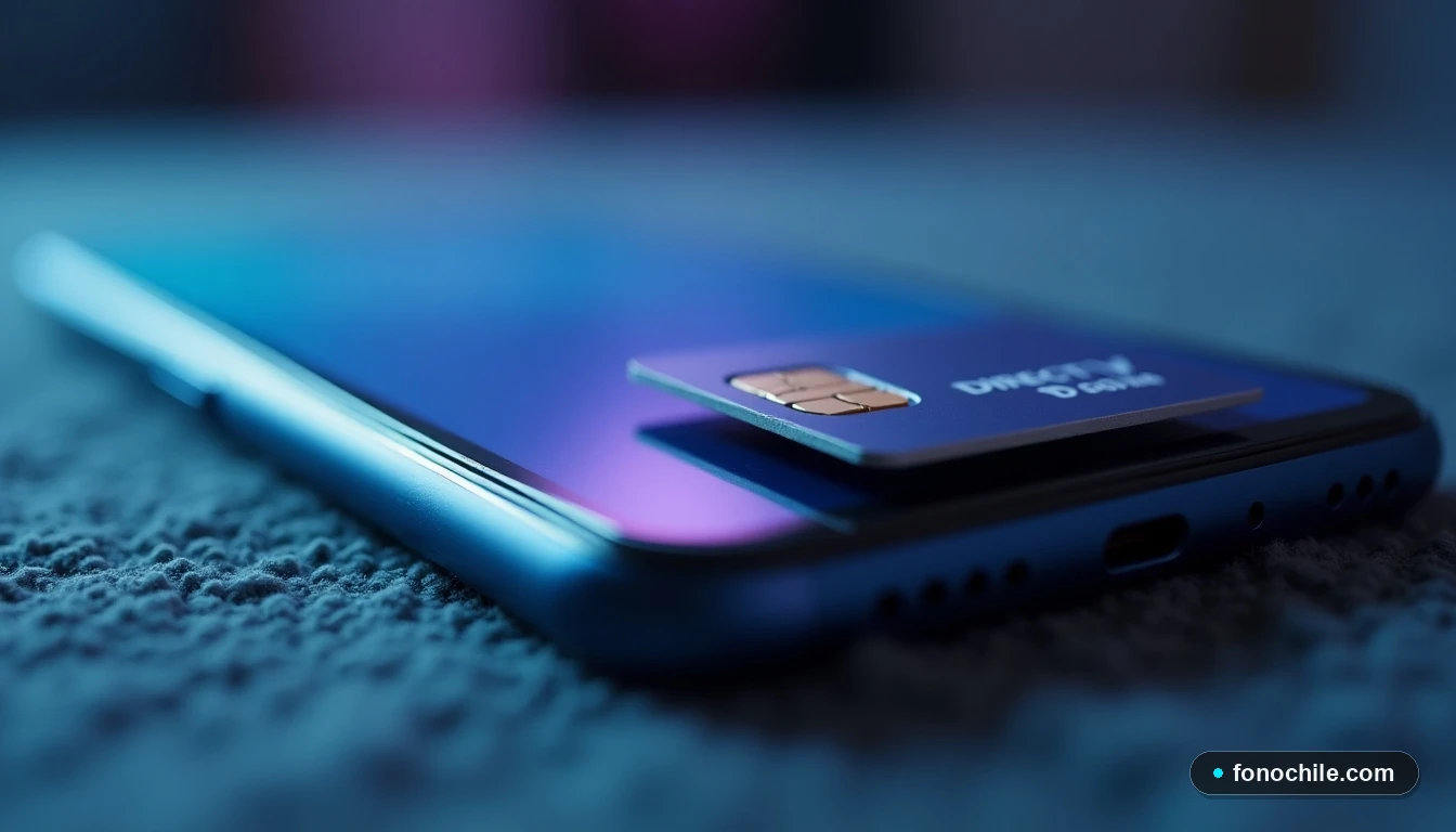 Primer plano lateral de un smartphone y su tarjeta SIM DIRECTV sobre una superficie texturizada, con la pantalla encendida mostrando una interfaz genérica difuminada.