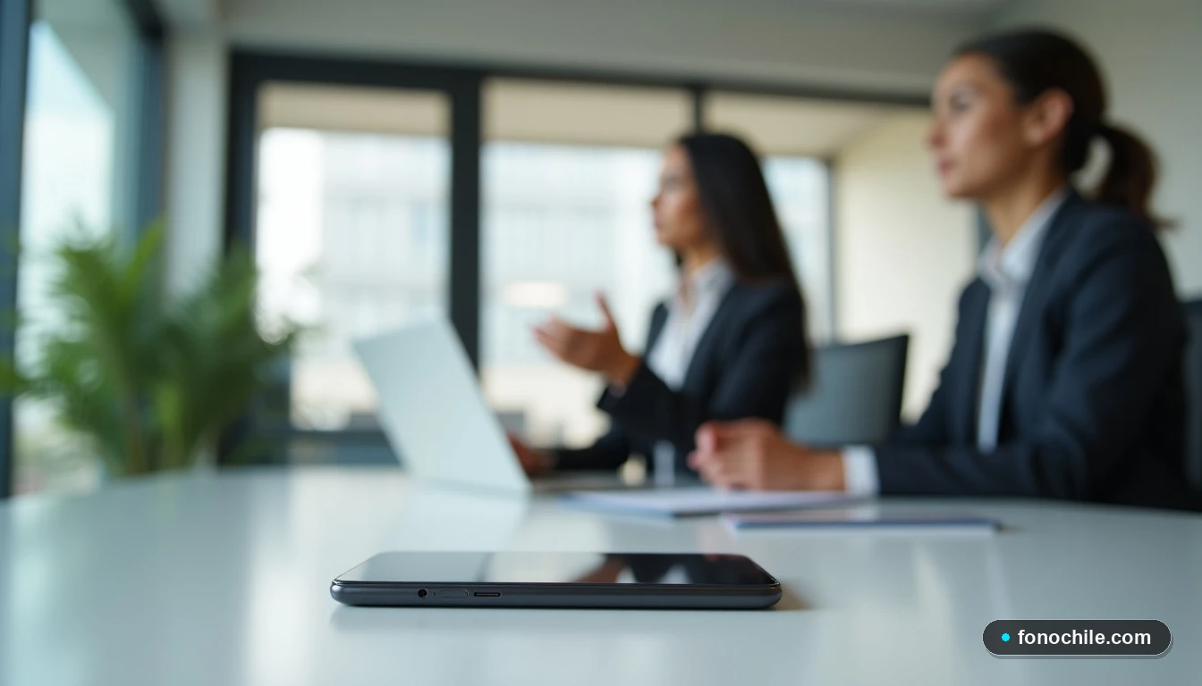 Dispositivos modernos en una mesa de oficina de DIRECTV Temuco, con agentes de servicio al cliente colaborando al fondo.