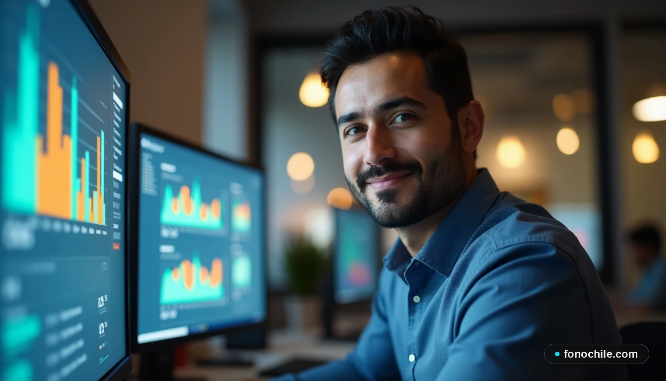 Representante de DIRECTV en Temuco atendiendo consulta, con gráficos abstractos en pantalla