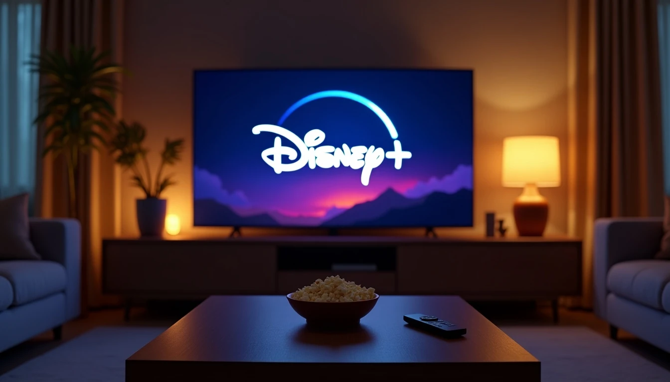 Ambiente familiar viendo Disney+ en una televisión inteligente moderna con palomitas de maíz en la mesa.