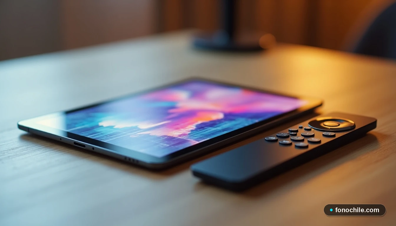 Vista macro de una tablet y un control remoto modernos junto a un teléfono, todos descansando sobre una mesa de madera, con pantallas que muestran interfaces de usuario genéricas y coloridas.