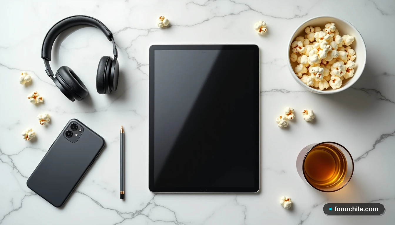 Elementos de entretenimiento en el hogar: auriculares, palomitas y una tablet para Disney+ Premium.