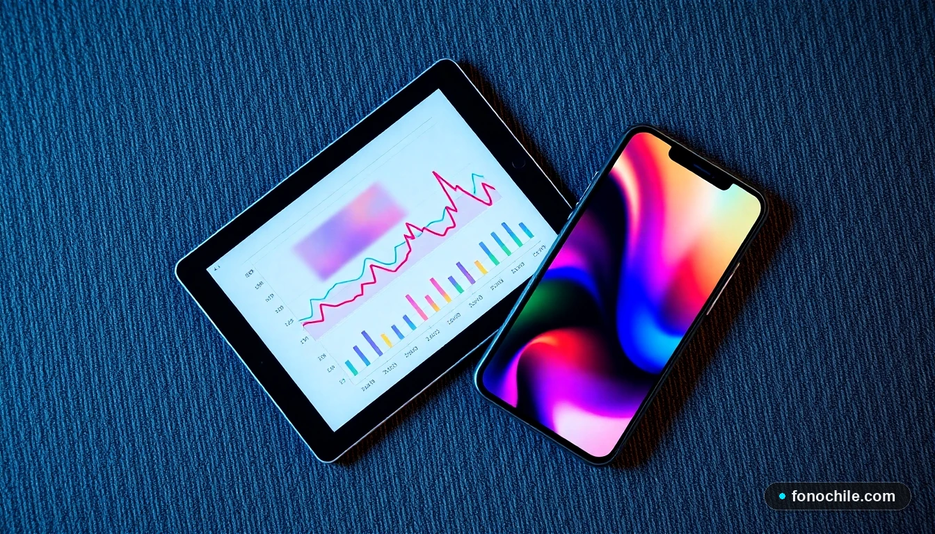 Vista superior de una tablet y un teléfono inteligente mostrando interfaces de usuario genéricas y gráficos abstractos en tonos azules y púrpuras, sobre una superficie texturada.