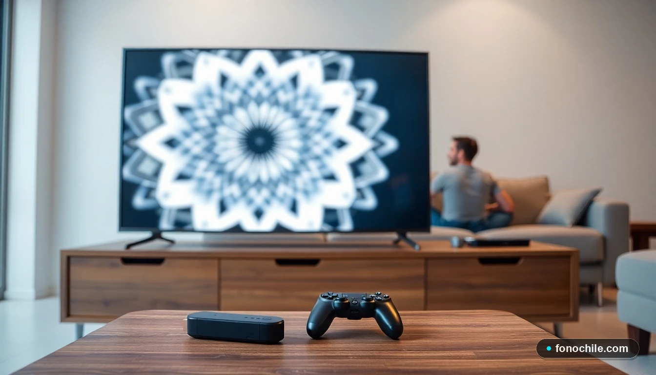 Configuración moderna en sala chilena con televisor inteligente y dispositivos de streaming compatibles sobre mesa de madera.