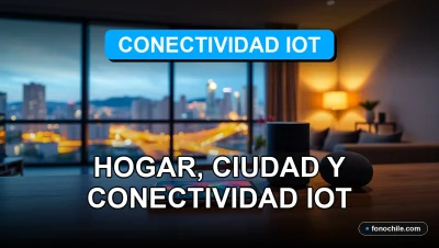 Dispositivos inteligentes IoT en un hogar moderno en Chile, mostrando automatización y gráficos abstractos en pantallas.