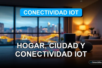 Dispositivos inteligentes IoT en un hogar moderno en Chile, mostrando automatización y gráficos abstractos en pantallas.