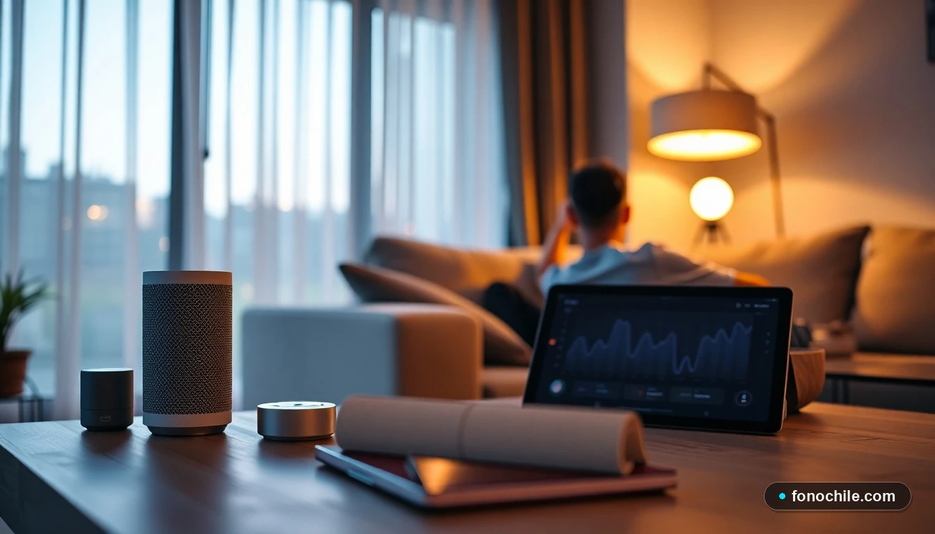 Dispositivos inteligentes en un hogar chileno moderno: altavoz, termostato y luz conectada en una mesa de centro.