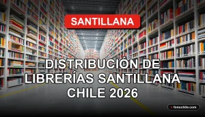 Distribución logística de libros educativos Santillana en Chile, vista aérea de almacén moderno con estanterías llenas.