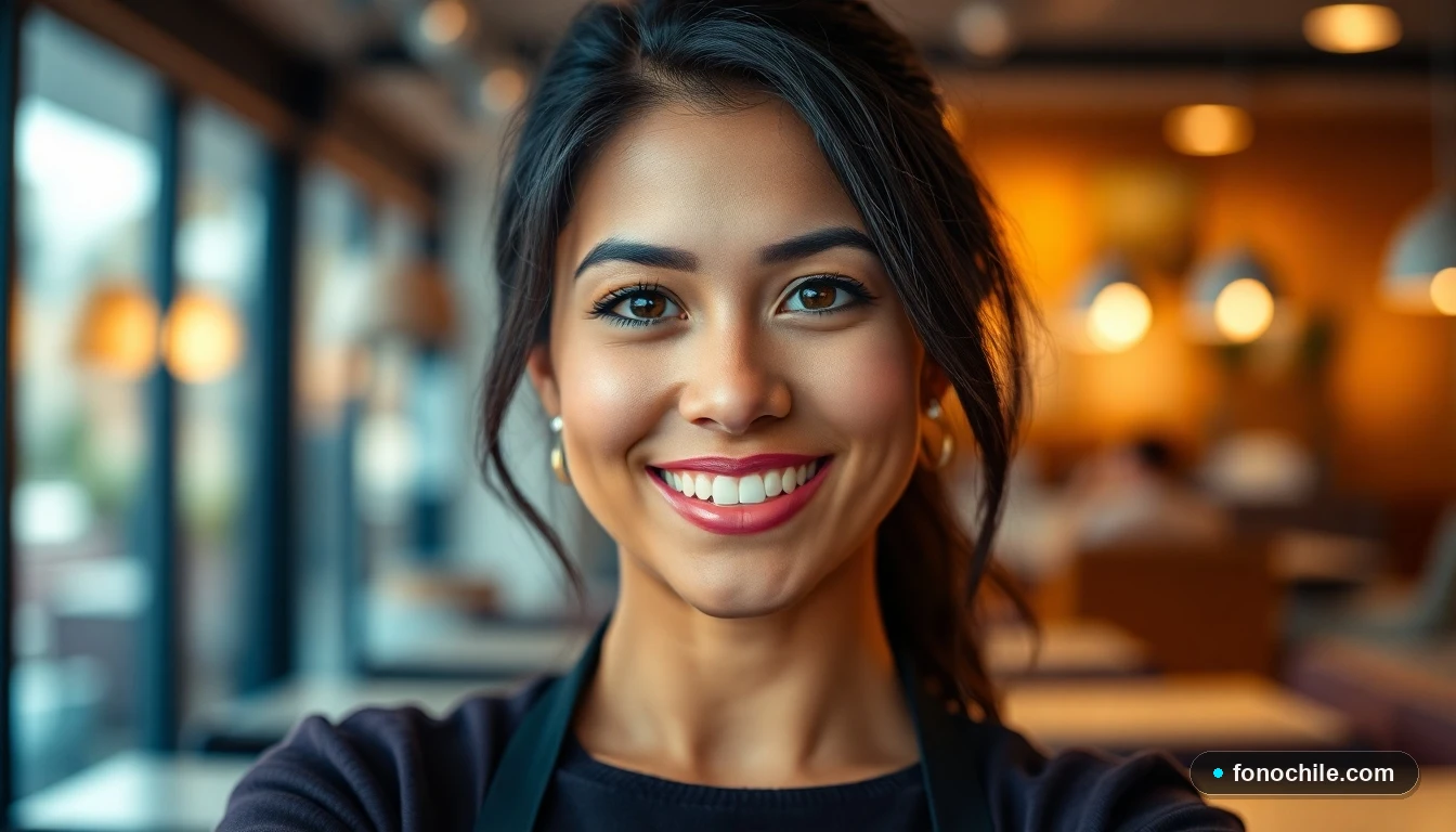Primer plano de una empleada de servicio al cliente sonriendo en un entorno profesional y acogedor.