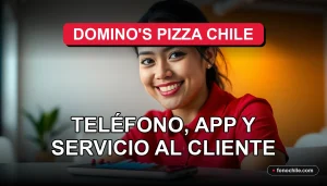 Una mujer latina sonriente, representando el servicio al cliente de Domino's Pizza Chile 2026, con un teléfono inteligente mostrando gráficos abstractos en una mesa.