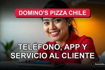 Una mujer latina sonriente, representando el servicio al cliente de Domino's Pizza Chile 2026, con un teléfono inteligente mostrando gráficos abstractos en una mesa.