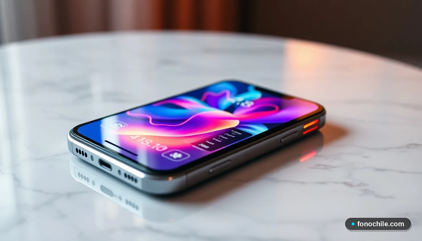 Primer plano artístico de un teléfono inteligente moderno en una mesa de mármol, mostrando gráficos de colores abstractos en su pantalla, representando la aplicación de Domino's Pizza.