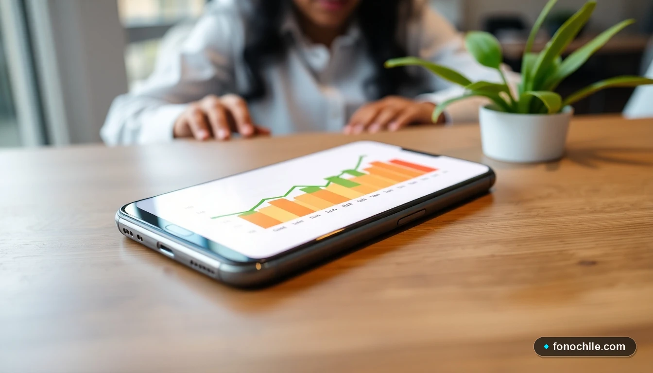 Smartphone mostrando gráfico abstracto de crecimiento de donaciones para fundación benéfica en Chile