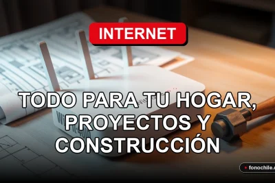 Un router moderno con luces LED azules y rojas, sobre una mesa de madera clara junto a planos de construcción.